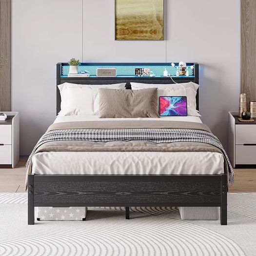 King Size Bed Frame with Storage,LED Lights,5ft Metal Bed Frame Kingsize Bed Frame with Charging Station,Mattress Foundation,Strong Steel Slats Support,Noise Free,Black