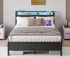 King Size Bed Frame with Storage,LED Lights,5ft Metal Bed Frame Kingsize Bed Frame with Charging Station,Mattress Foundation,Strong Steel Slats Support,Noise Free,Black