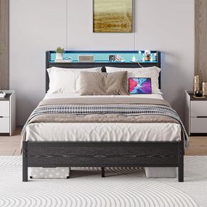 King Size Bed Frame with Storage,LED Lights,5ft Metal Bed Frame Kingsize Bed Frame with Charging Station,Mattress Foundation,Strong Steel Slats Support,Noise Free,Black