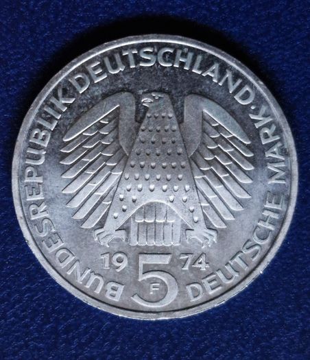 1974 F Germany 5 Mark Silver unc coin, 25th Anniversary of the federal Constitutional Law
