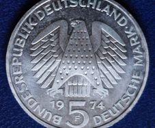 1974 F Germany 5 Mark Silver unc coin, 25th Anniversary of the federal Constitutional Law