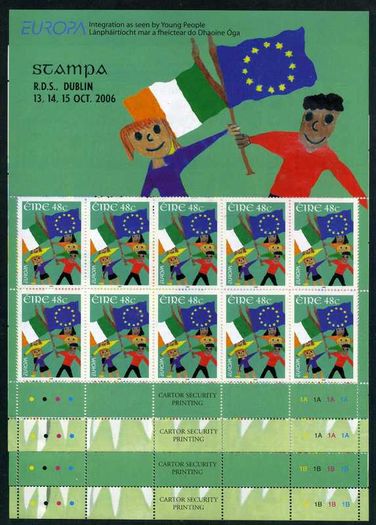 2006 Ireland Stampa Members Souvenir Europa Sheetlet. 48c & 75c sheets in both Plate 1A1A1A1A & 1B1B1B1B (4 sheets). Sheets Overprinted for Stampa Mint Never Hinged (MNH)