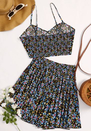 New Floral Print Cami Top & Pleated Skirt