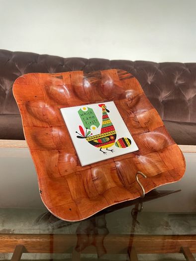 Vintage 1970s Chicken Tile on Bamboo Deviled Eggs Platter or storage