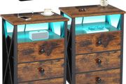 Bedside Table Set of 2 with Charging Station, Side Table with Led Lights