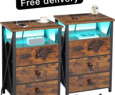 Bedside Table Set of 2 with Charging Station, Side Table with Led Lights