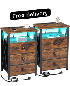 Bedside Table Set of 2 with Charging Station, Side Table with Led Lights