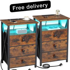 Bedside Table Set of 2 with Charging Station, Side Table with Led Lights