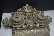 Vintage Ornate Brass Double Inkwell Desk Stand