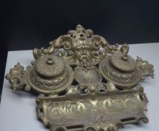 Vintage Ornate Brass Double Inkwell Desk Stand