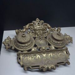 Vintage Ornate Brass Double Inkwell Desk Stand