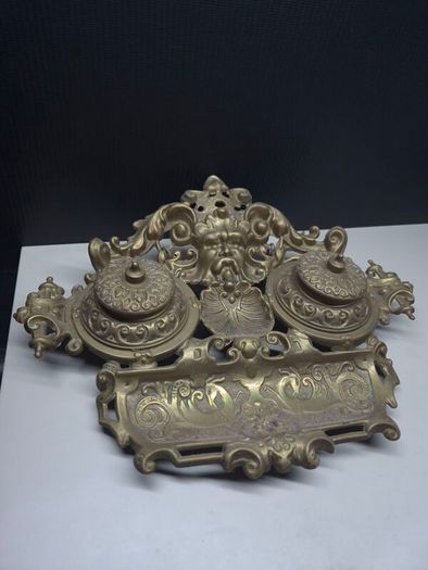 Vintage Ornate Brass Double Inkwell Desk Stand
