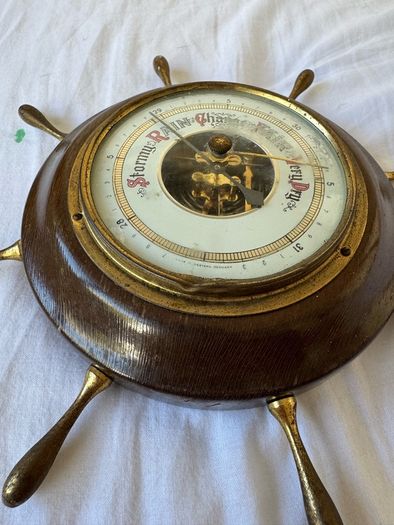 Vintage Western Germany Brass Wood Ship Wheel Maritime nautical Barometer