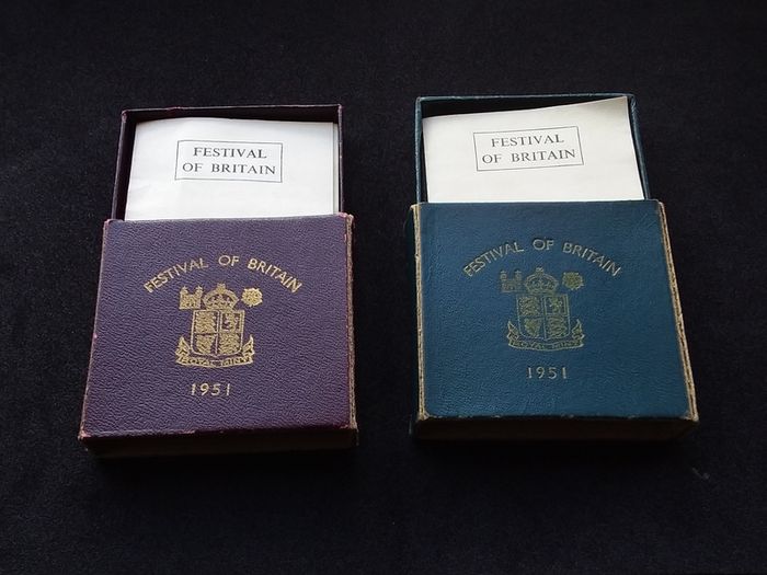 1951 Festival of Britain Crown Coins,- Complete Matching Pair ( Maroon and Teal Sets )