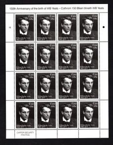 2015 Ireland 150th Anniversary of the Birth of WB Yeats Commemorative Stamp Sheetlet Plate 1B Mint Never Hinged (MNH)