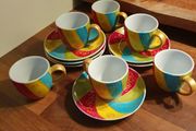 Vibrant Hand-Painted Espresso Cup &amp; Saucer Set (6-Piece)
