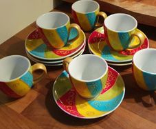 Vibrant Hand-Painted Espresso Cup & Saucer Set (6-Piece)