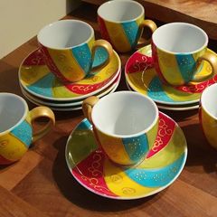 Vibrant Hand-Painted Espresso Cup & Saucer Set (6-Piece)