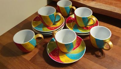 Vibrant Hand-Painted Espresso Cup & Saucer Set (6-Piece)