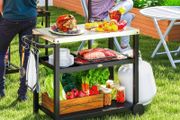 BBQ Trolley Food Prep Outdoor 3-Shelf Movable Pizza Oven Table Stand with Stainless Steel Top