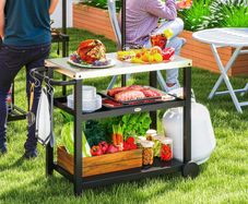 BBQ Trolley Food Prep Outdoor 3-Shelf Movable Pizza Oven Table Stand with Stainless Steel Top