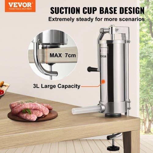 Sausage Stuffer, 5LBS/3L Capacity, 304 Stainless Steel Vertical Sausage Stuffer, Sausage Filling Machine with 3 Stuffing Tubes, Suction Base and Manual Crank for Household or Commercial Use (FREE SHIPPING)