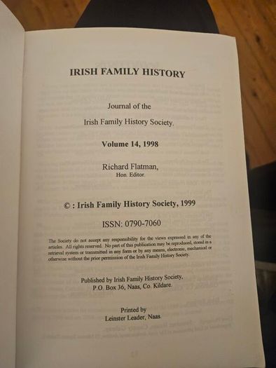 Irish Family History. The Journal Of The Irish Family History Society 1999. Paperback In Good Condition.  See Photos For Same.