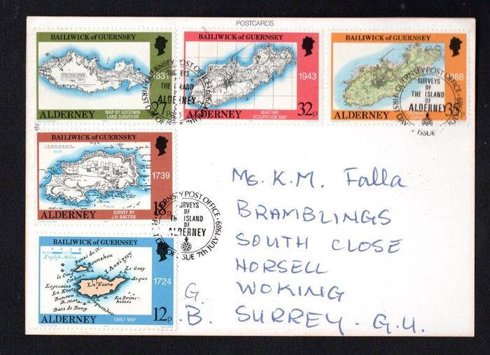 1989 Alderney 250th Anniversary of Batside's Survey of Alderney Commemorative Stamps on Alderney Postcard with first day of issue cancel. Probably unique