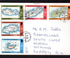 1989 Alderney 250th Anniversary of Batside's Survey of Alderney Commemorative Stamps on Alderney Postcard with first day of issue cancel. Probably unique