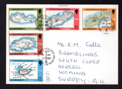 1989 Alderney 250th Anniversary of Batside's Survey of Alderney Commemorative Stamps on Alderney Postcard with first day of issue cancel. Probably unique
