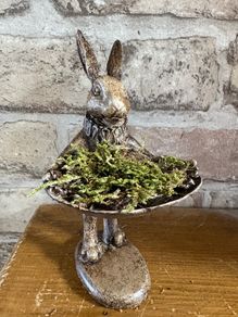 New bespoke 15cm high Jeeves the hare butler with tray and dried moss