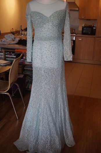 Debs dress - Embellished pearl & diamond cocktail evening maxi dress w train size 10/12 Mint Green