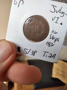 1689 July 6P Gunmoney No Stops on Obverse