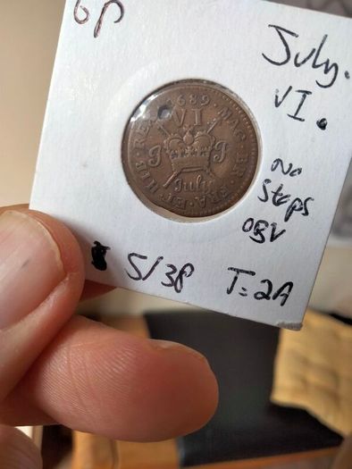 1689 July 6P Gunmoney No Stops on Obverse