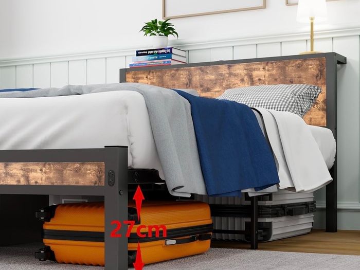 Double Bed Frame with Storage Headboard,Brown 4ft6 Metal Platform Bed frame with Wooden Headboard,Mattress Base,Underbed Storage,No Box Spring Needed