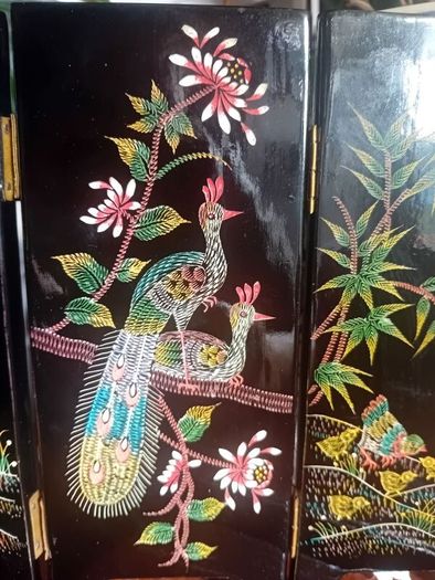 Vintage mid century minature lacquer chinoiserie folding screen