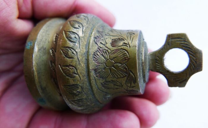 Vintage Brass Bell Etched Ornate Leaf Feather
