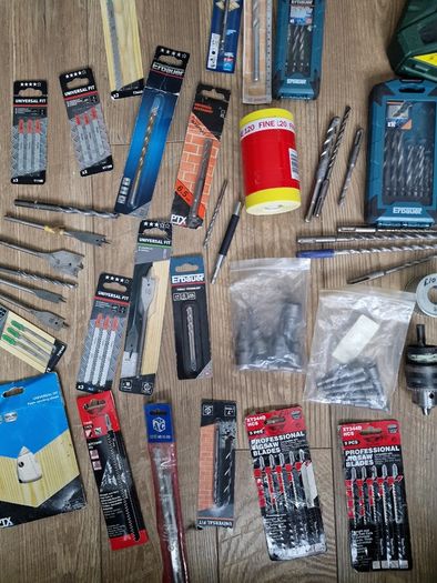 Large collection of drill bits and jigsaw blades