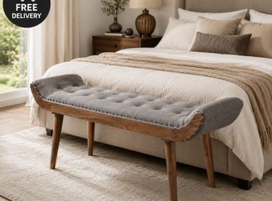 Chesterfield Upholstered Fabric Bench with Solid Wood Legs  Grey 125 x 51 x 38 cm