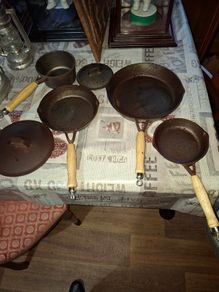 Beautiful Old 3 Cast Iron Skillet Pans and  Lidded Saucepan also 1 Lid for Skillet Pan Postage Available