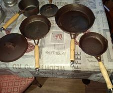 Beautiful Old 3 Cast Iron Skillet Pans and  Lidded Saucepan also 1 Lid for Skillet Pan Postage Available