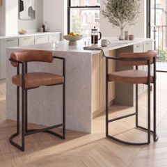 Bar Stools Set of 2 Breakfast Bar Stools PU Leather with Metal Frame Brown