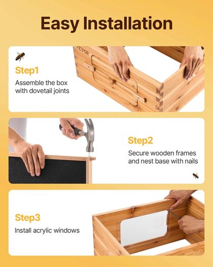 Bee Hive Deep Box Starter Kit, 100% Beeswax Coated Natural Fir Wood, Langstroth Beehive Kit with 10 Frames and Foundations, Transparent Acrylic Bee Windows for Beginners and Pro Beekeepers