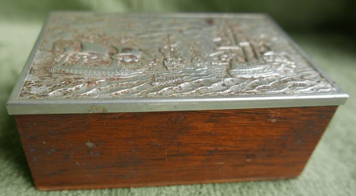 Vintage Wooden Cigarette Box with ship galleons decoration