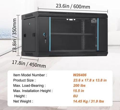 6U Wall Mount Network Server Cabinet, 39.4 cm Deep, Server Rack Cabinet Enclosure, 90.7 kg Max. Ground-mounted Load Capacity, with Locking Glass