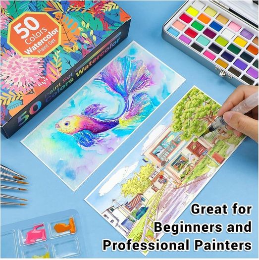 Watercolour Paint Set 50 Colors in Portable Box Including 4 Fluorescent Colors, Travel Watercolour Set with brushes and other Tools, Idea for Artists and Hobbyists