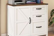 31 Inch Lateral Filing Cabinet with 1 Door &amp; 3 Drawers, Wood Farmhouse Home Office Printer Stand, Rustic White for A4/Letter Suspension Files