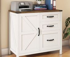 31 Inch Lateral Filing Cabinet with 1 Door & 3 Drawers, Wood Farmhouse Home Office Printer Stand, Rustic White for A4/Letter Suspension Files