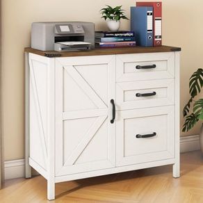 Filing Cabinet with 3 Drawers, Farmhouse File Cabinet Home Office Wood Printer Stand, Rustic White for A4/Letter Suspension Files