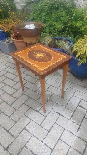 Vintage Mid Century Side Table with a Handmade Marquetry Panel Top Featuring a Floral Motif, Unknown Maker, Presume Italian-Made, Condition Issues, Needs Restoring